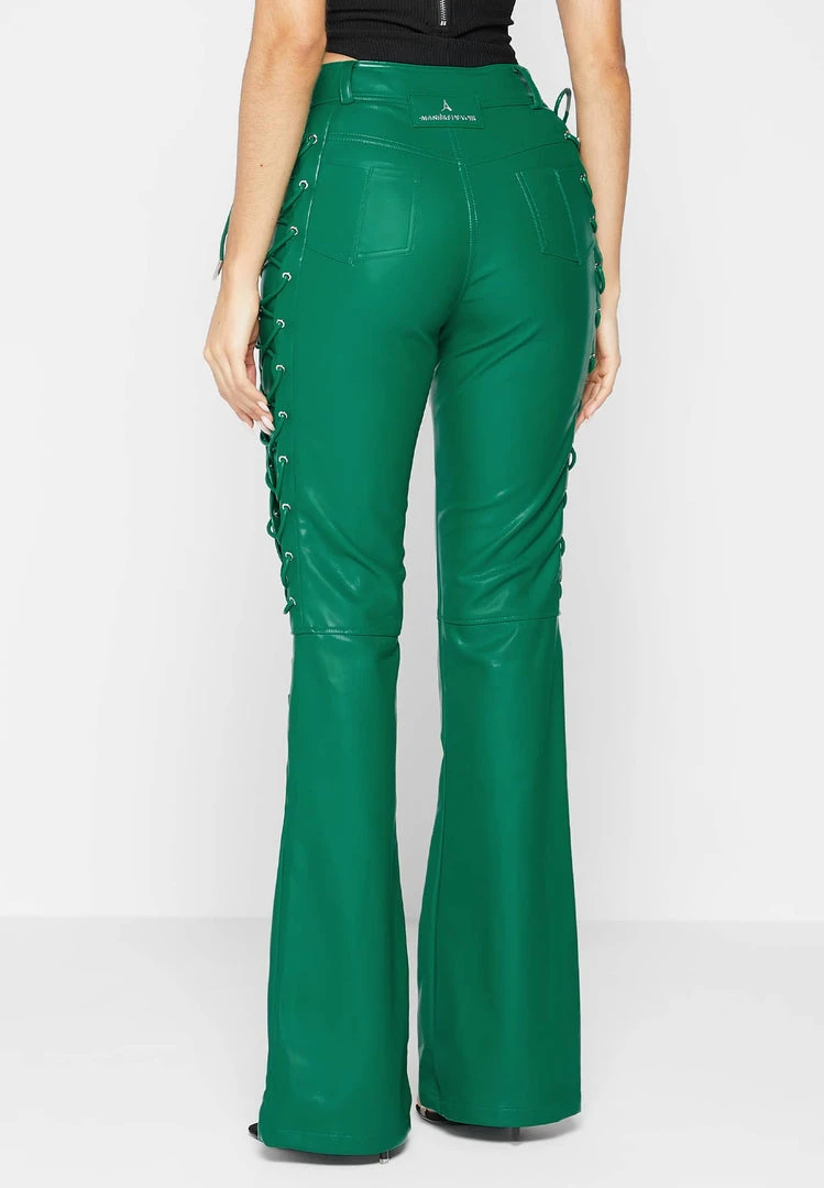 Woman Trousers Vegan Leather Lace Up Trousers - Green