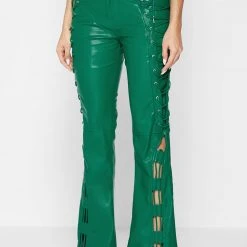 Woman Trousers Vegan Leather Lace Up Trousers - Green