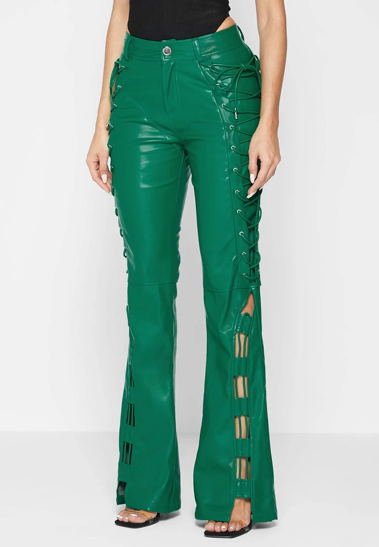 Woman Trousers Vegan Leather Lace Up Trousers - Green