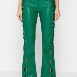 Woman Trousers Vegan Leather Lace Up Trousers - Green