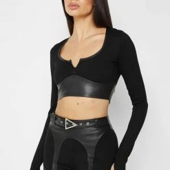 Woman Tops Vegan Leather Long Sleeve Top - Black