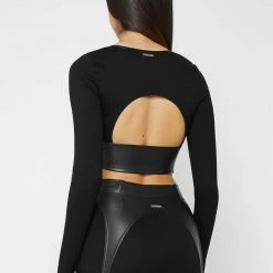 Woman Tops Vegan Leather Long Sleeve Top - Black