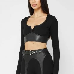 Woman Tops Vegan Leather Long Sleeve Top - Black