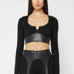 Woman Tops Vegan Leather Long Sleeve Top - Black