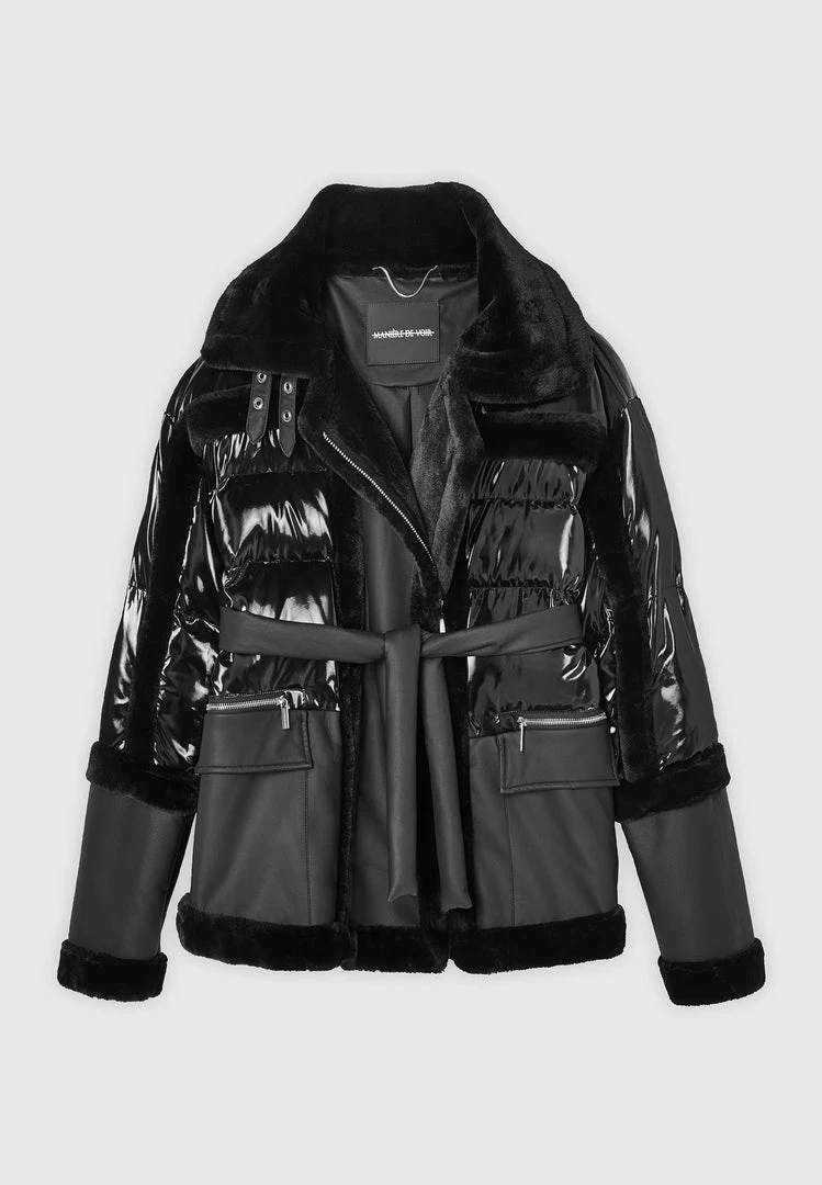 Woman Coats High Shine & Plush Puffer Jacket - Black