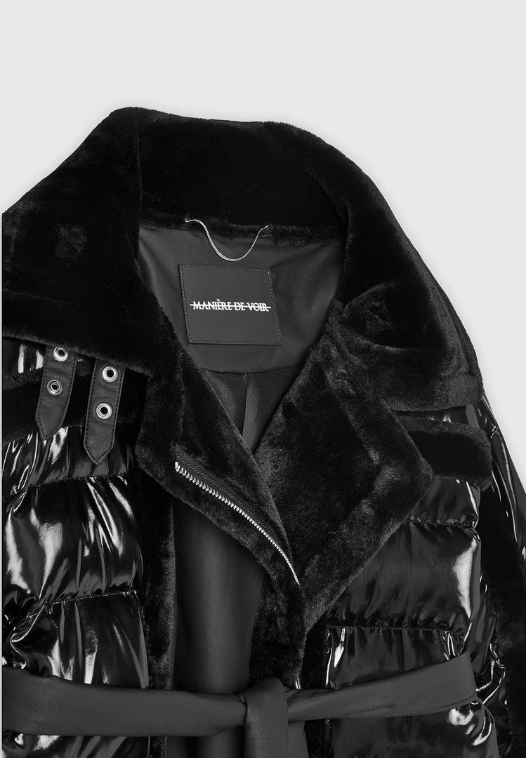 Woman Coats High Shine & Plush Puffer Jacket - Black