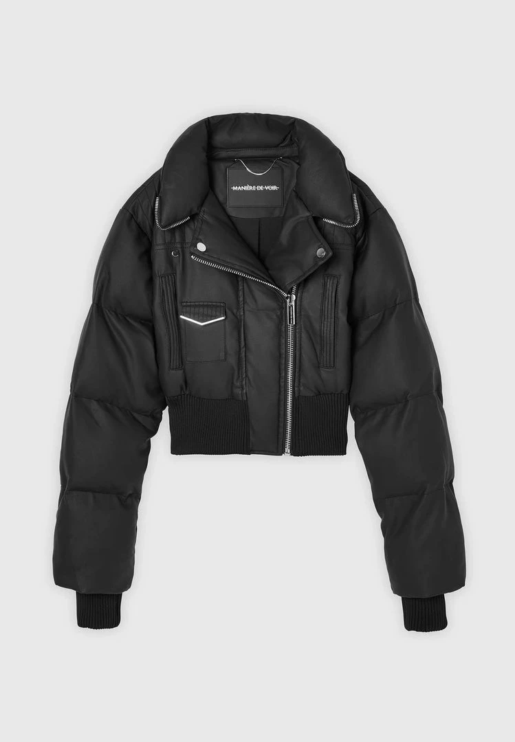 Woman Jackets Vegan Leather Puffer Biker Jacket - Black OUTERWEAR