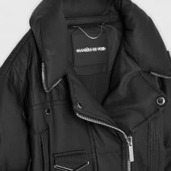 Woman Jackets Vegan Leather Puffer Biker Jacket - Black OUTERWEAR