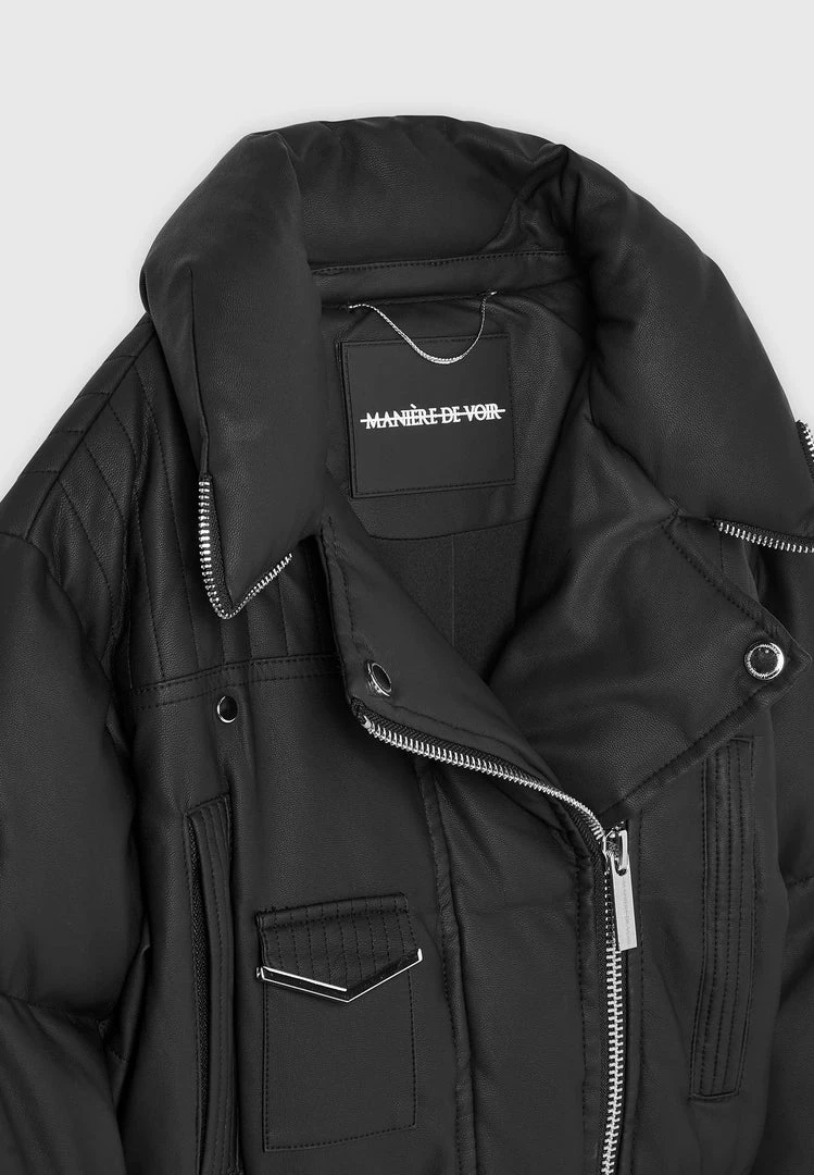 Woman Jackets Vegan Leather Puffer Biker Jacket - Black OUTERWEAR