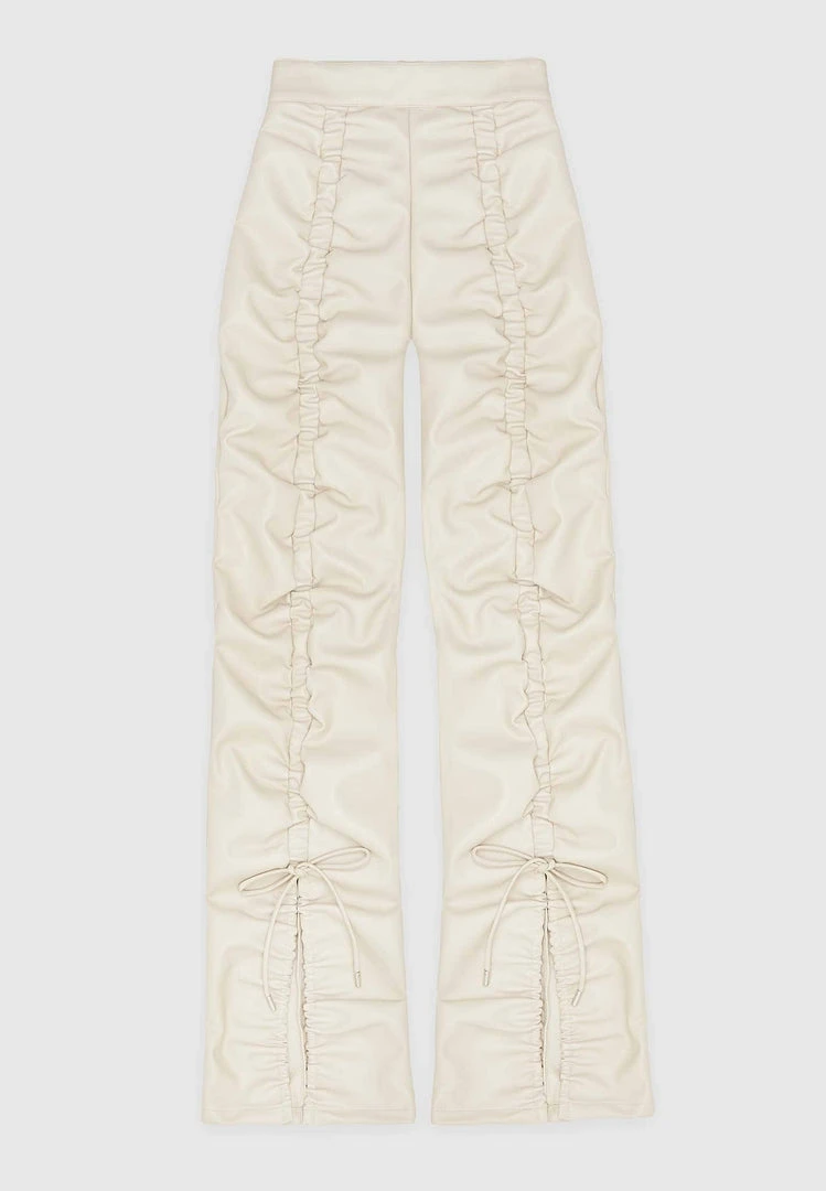 Woman Trousers Vegan Leather Ruched Trousers - Beige