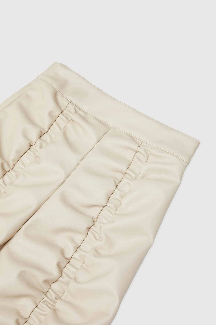 Woman Trousers Vegan Leather Ruched Trousers - Beige
