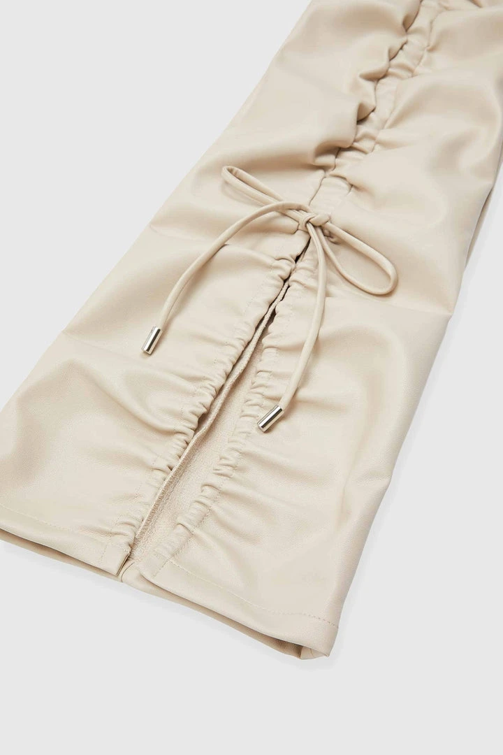 Woman Trousers Vegan Leather Ruched Trousers - Beige