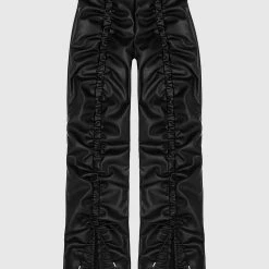 Woman Trousers Vegan Leather Ruched Trousers - Black