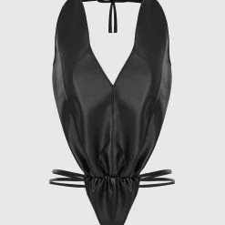Woman Tops Vegan Leather Thong Detail Bodysuit - Black BODYSUITS