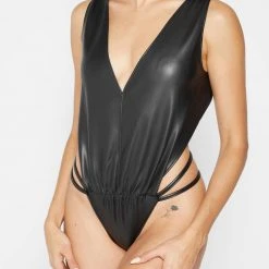 Woman Tops Vegan Leather Thong Detail Bodysuit - Black BODYSUITS