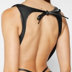 Woman Tops Vegan Leather Thong Detail Bodysuit - Black BODYSUITS