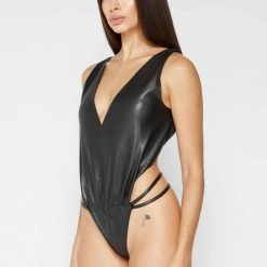 Woman Tops Vegan Leather Thong Detail Bodysuit - Black BODYSUITS