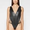 Woman Tops Vegan Leather Thong Detail Bodysuit - Black BODYSUITS