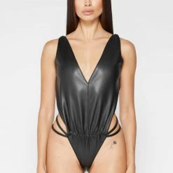 Woman Tops Vegan Leather Thong Detail Bodysuit - Black BODYSUITS
