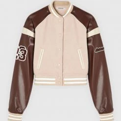 Woman Jackets Vegan Leather & Wool Varsity Jacket - Beige