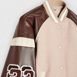 Woman Jackets Vegan Leather & Wool Varsity Jacket - Beige