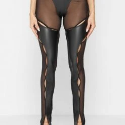 Woman Leggings Vegan Leather And Mesh Cut Out Leggings - Black