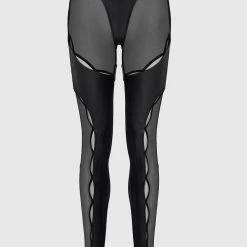 Woman Leggings Vegan Leather And Mesh Cut Out Leggings - Black