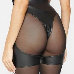 Woman Leggings Vegan Leather And Mesh Cut Out Leggings - Black