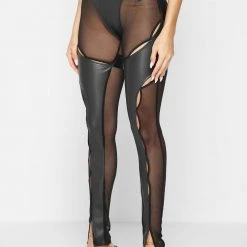 Woman Leggings Vegan Leather And Mesh Cut Out Leggings - Black
