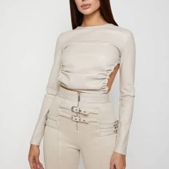Woman Tops Vegan Leather Backless Top - Beige TOPS & T SHIRTS