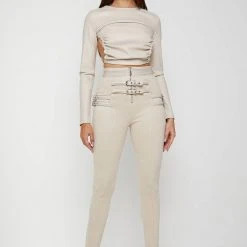 Woman Tops Vegan Leather Backless Top - Beige TOPS & T SHIRTS