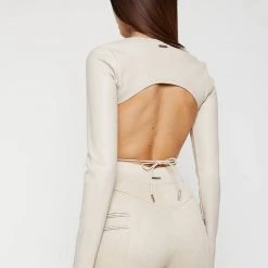 Woman Tops Vegan Leather Backless Top - Beige TOPS & T SHIRTS