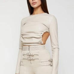 Woman Tops Vegan Leather Backless Top - Beige TOPS & T SHIRTS