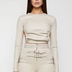 Woman Tops Vegan Leather Backless Top - Beige TOPS & T SHIRTS