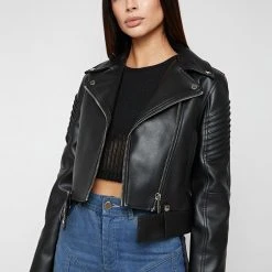 Woman Jackets Vegan Leather Biker Jacket - Black
