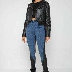 Woman Jackets Vegan Leather Biker Jacket - Black