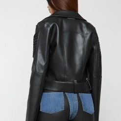 Woman Jackets Vegan Leather Biker Jacket - Black