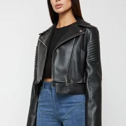 Woman Jackets Vegan Leather Biker Jacket - Black