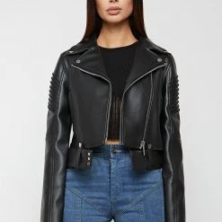 Woman Jackets Vegan Leather Biker Jacket - Black