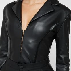 Woman Tops BODYSUITS Vegan Leather Blazer Bodysuit - Black