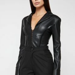 Woman Tops BODYSUITS Vegan Leather Blazer Bodysuit - Black
