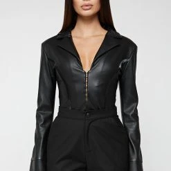 Woman Tops BODYSUITS Vegan Leather Blazer Bodysuit - Black