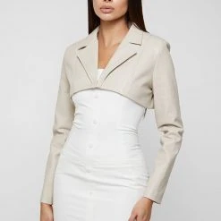 Woman Dresses Vegan Leather Blazer Overlay Dress - Beige