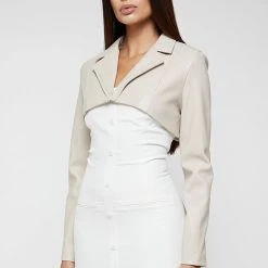 Woman Dresses Vegan Leather Blazer Overlay Dress - Beige