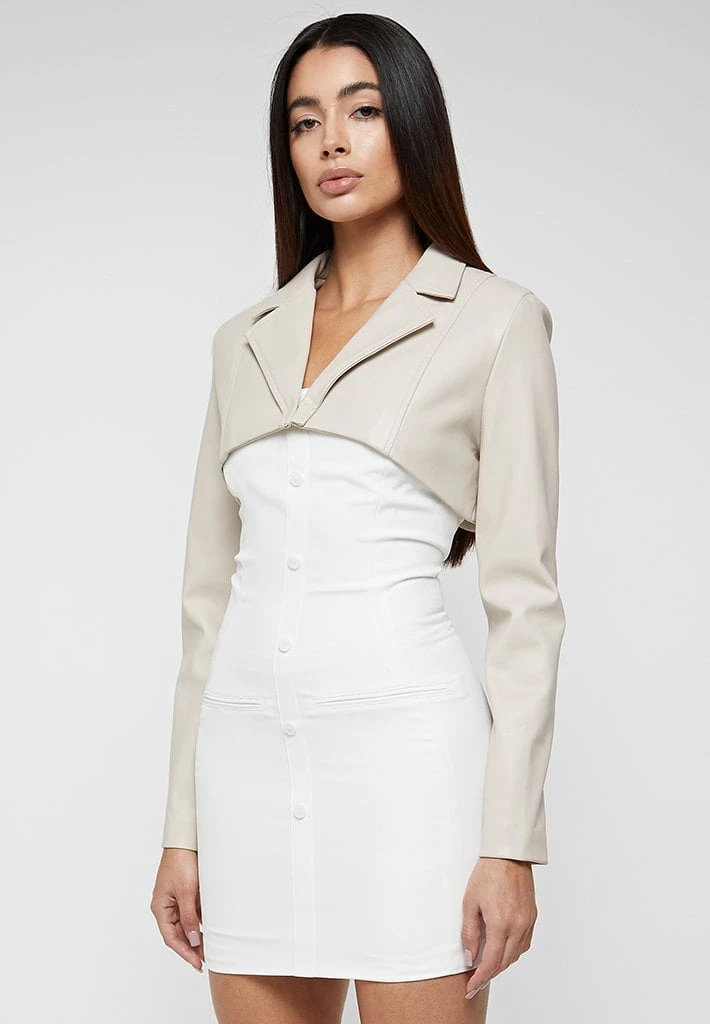Woman Dresses Vegan Leather Blazer Overlay Dress - Beige