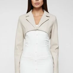 Woman Dresses Vegan Leather Blazer Overlay Dress - Beige