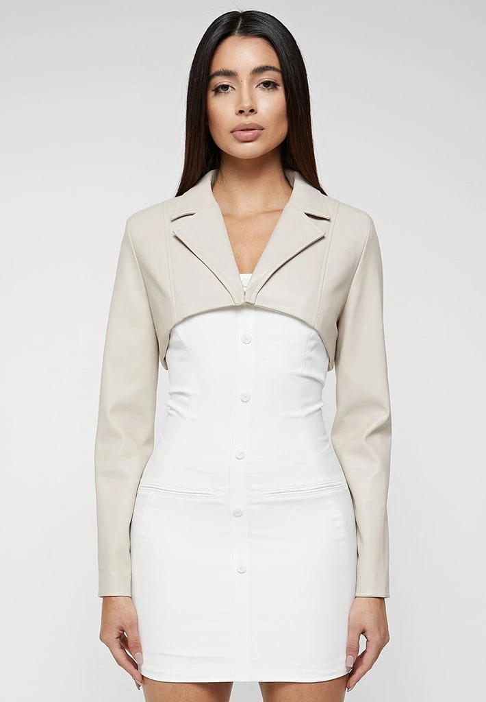 Woman Dresses Vegan Leather Blazer Overlay Dress - Beige