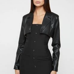Woman Dresses Vegan Leather Blazer Overlay Dress - Black