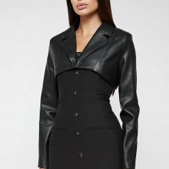 Woman Dresses Vegan Leather Blazer Overlay Dress - Black