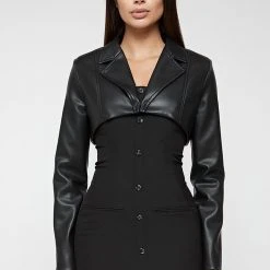 Woman Dresses Vegan Leather Blazer Overlay Dress - Black